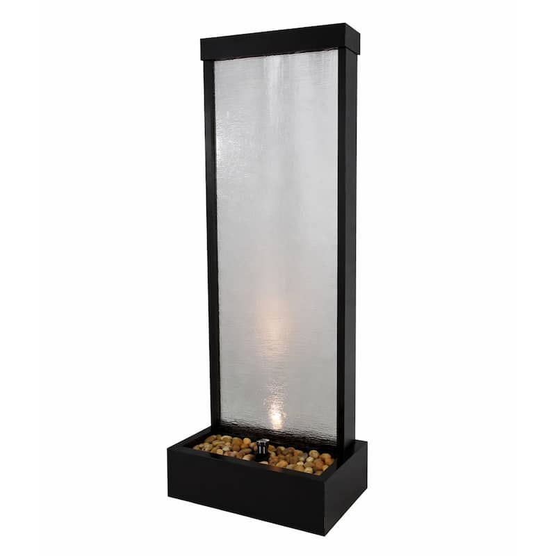 Alpine Corporation MLT170L 72" Waterfall Fountain with LED Light Cascading Textured Glass & Aluminum Floor Design, Indoor, Black - Black - 72