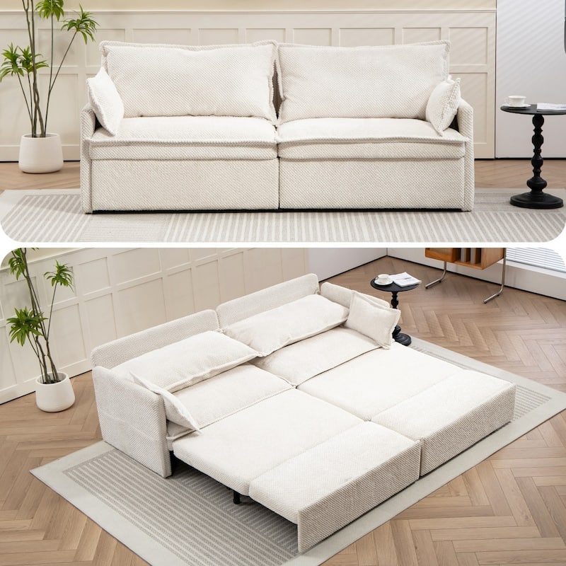 73.6" Corduroy Convertible 3-in-1 Sofa Bed with Charging Ports - White
