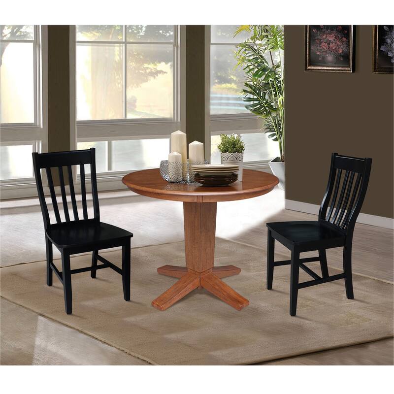 36 in Solid Wood Round Top Pedestal Dining Table with Dining Chairs in Distressed Oak/Black