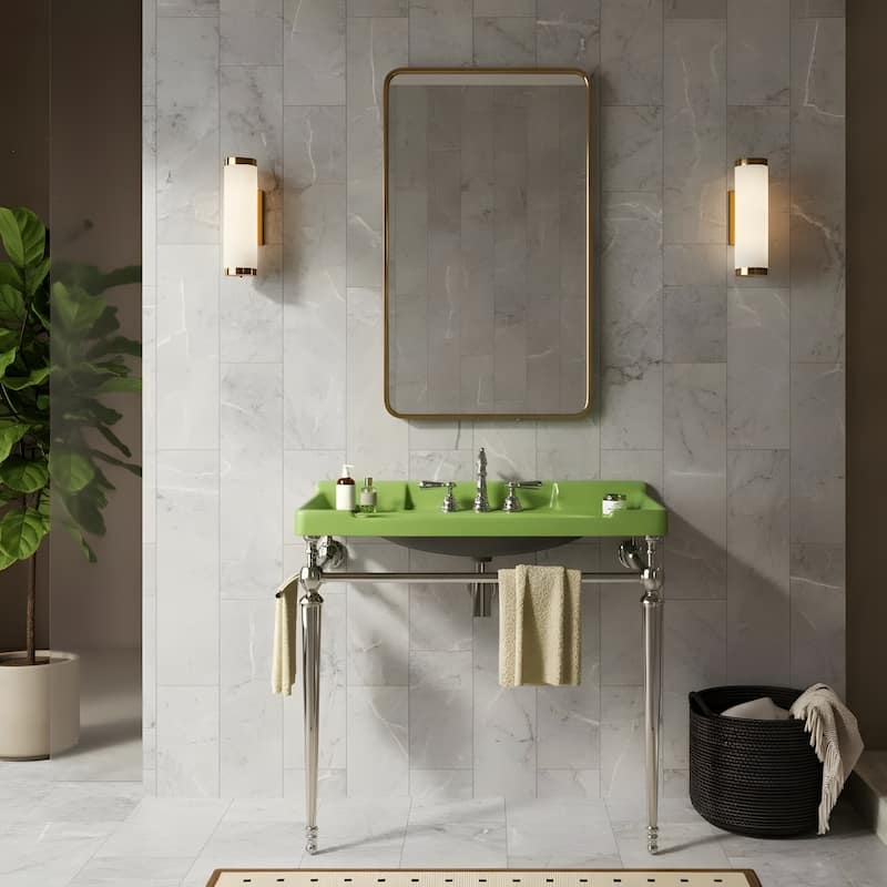 Wall-Mounted Bathroom Vanity with Ceramic Basin and Metal Legs - 36 - Chrome+Green