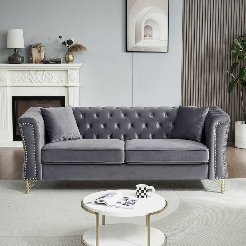 Modern Living Room Chesterfield Sofa,Tufted Couch with Metal Foot and Nailhead,Two Pillows
