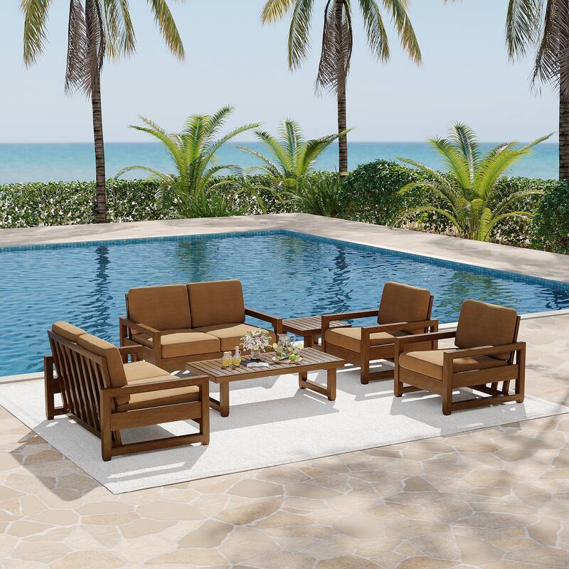 7-Piece Outdoor Teak Wood Conversation Set with Loveseat, Chairs and Tables