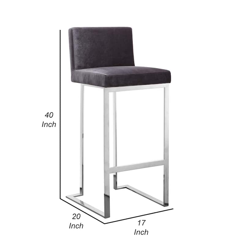 Boly 30 Inch Barstool Chair, Gray Velvet, Foam Cushions, Chrome Steel