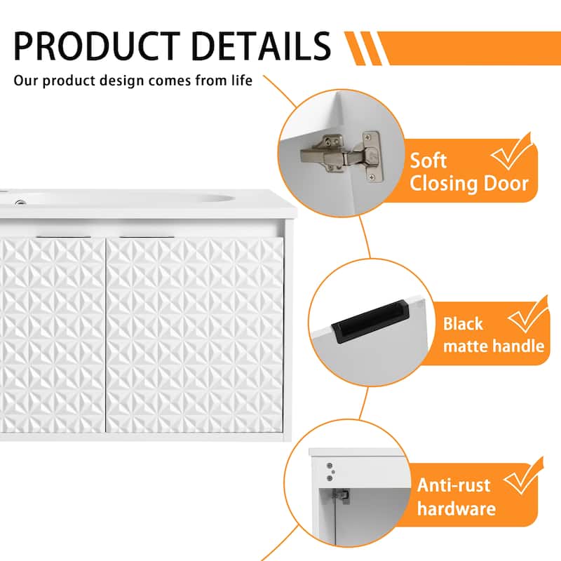 Bathroom Vanity With Sink In 24/30/36 Inch, Floating Bathroom Vanity With Soft Close Door