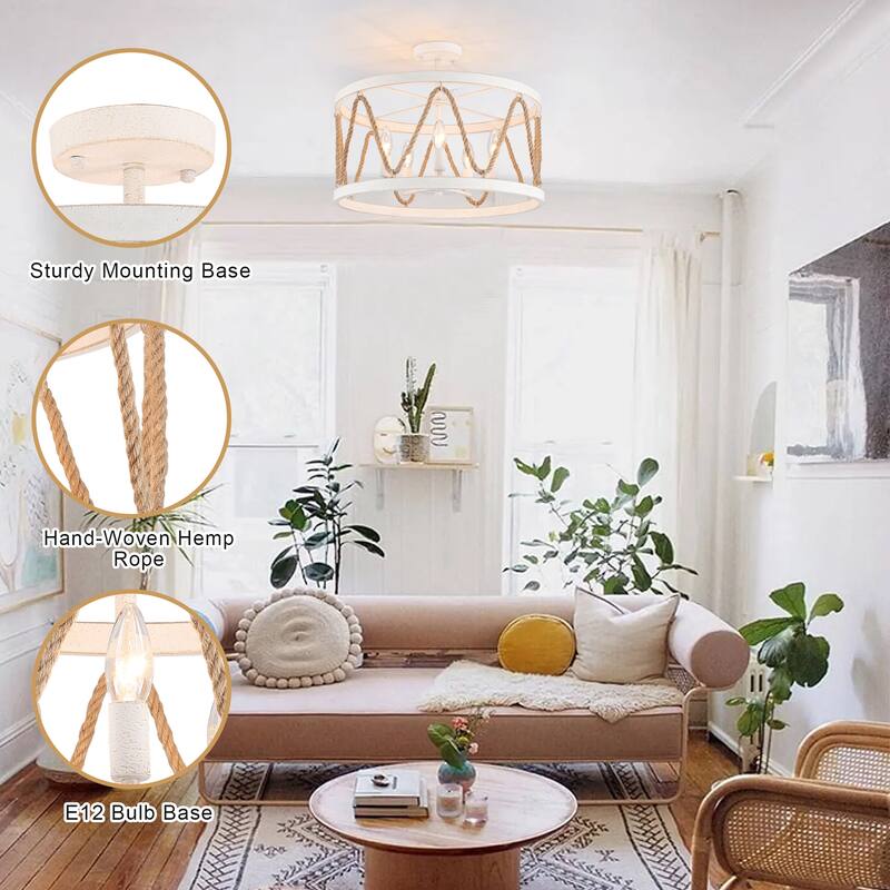 19.68 in. 5-Light Metal Hemp Rope Candlestick Semi-Flush Mount Light Ceiling Light for Kitchen Island