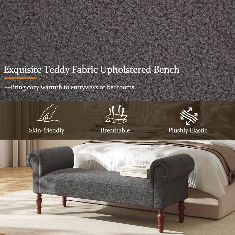Christopher Knight Home - Elric Teddy Upholstered Bench with Rolled Arms and Solid Wood Legs