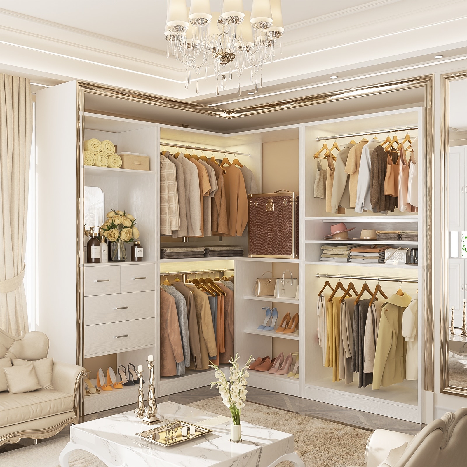 Cimly Set of 3 Corner Closet System with Hanging Rods, Space-saving Closet Organizer with Mirror