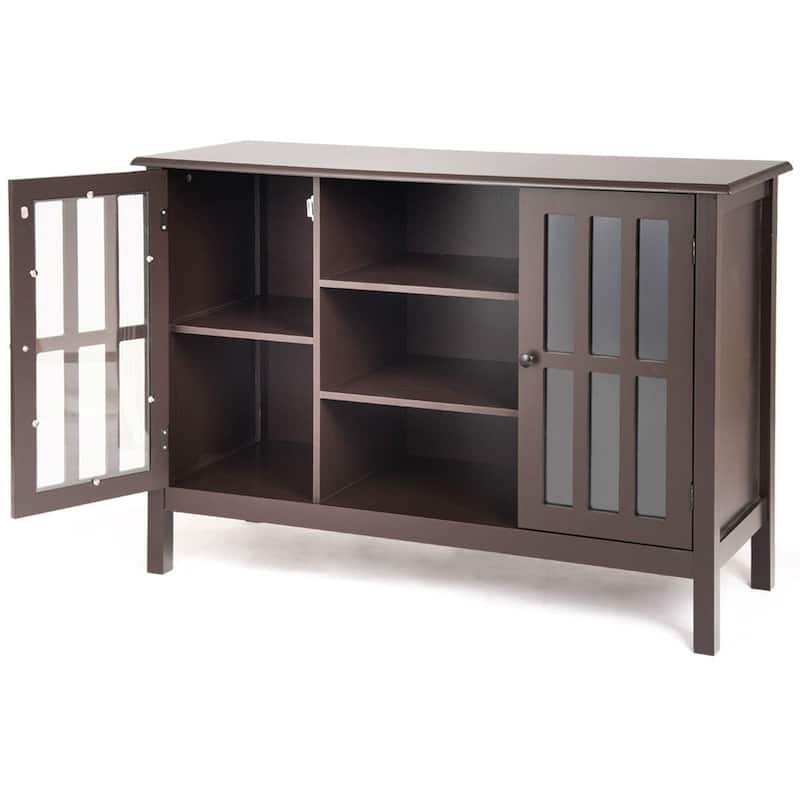 Brown Wood Sofa Tale Console Cabinet with Tempered Glass Panel Doors - 43"W x 16"D x 30"L