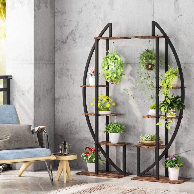 5-tier Flower Rack Plant Stands Wooden Display Shelf, Half Moon Flower Table (Set of 2)