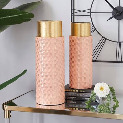 The Novogratz Pink Metal Weave Inspired Vase with Gold Top (Set of 2) - 6 x 6 x 18