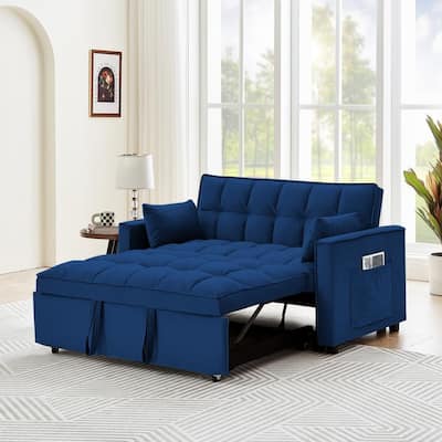 55" Modern Velvet Convertible Sleeper Sofa Bed Couch w/Pull Out Bed,Pillows and Side Pockets