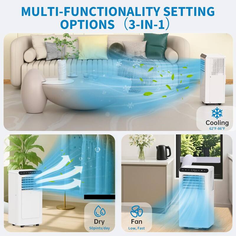 8000 BTU Portable Air Conditioner, 3-in-1 AC Unit with Fan, Dehumidifier, Quiet Air Conditioner with Remote