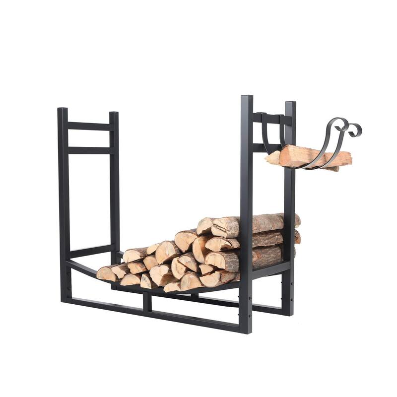 PHI VILLA Heavy Duty Indoor/ Outdoor Firewood Rack with Kindling Holder - Black