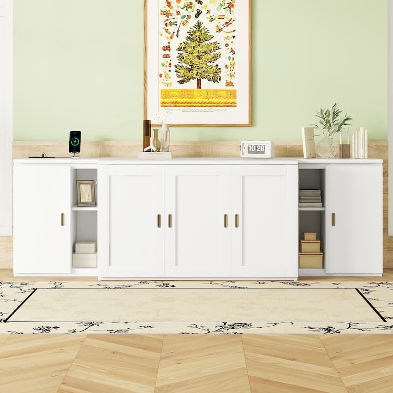 Full Size Murphy Bed Cabinet with Storage Shelves and USB Ports, Wooden Floor Bedframe, Foldable/Space Saving Design
