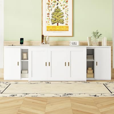 Full Size Murphy Bed with Shelves, Cabinets and USB Ports, White