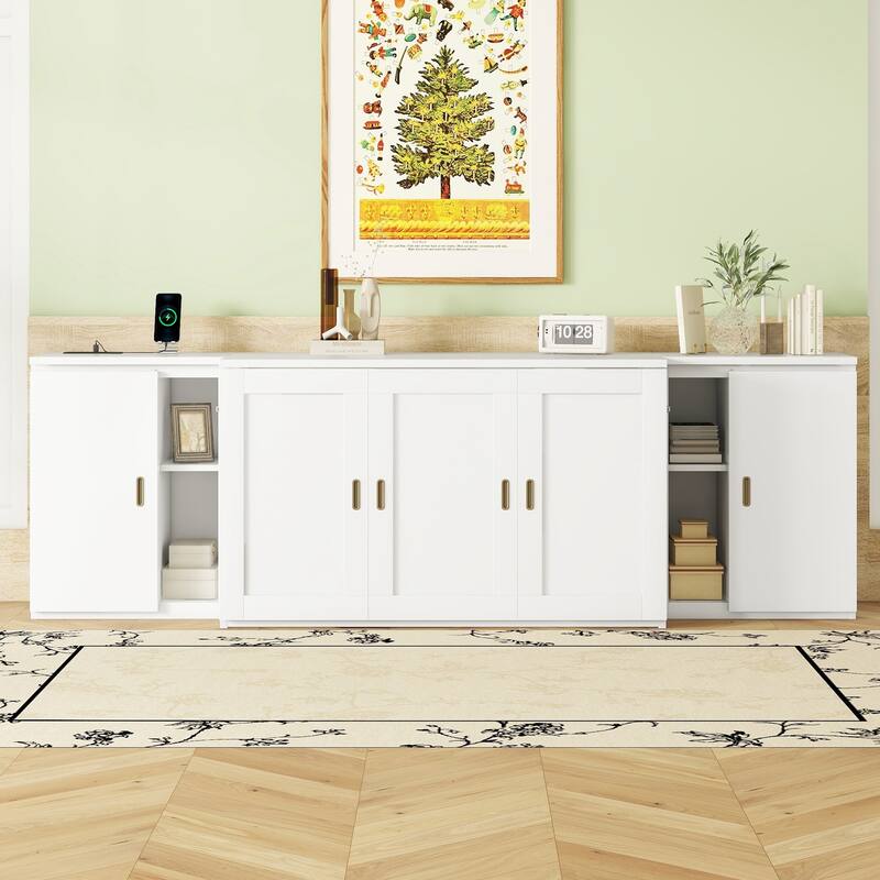 Murphy Bed Chest Storage Cabinets Bed with Shelves & Built-In Charger - White - Full
