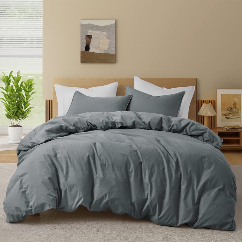 All Season 100% Cotton Soft & Breathable Duvet Cover Set - Full - Queen - Gray
