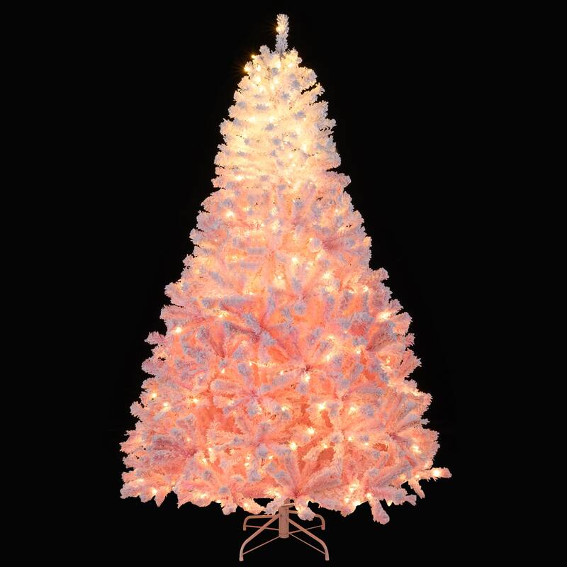 Gymax Artificial Christmas Tree Hinged Snow Flocked Xmas Tree w/ - Pink, White