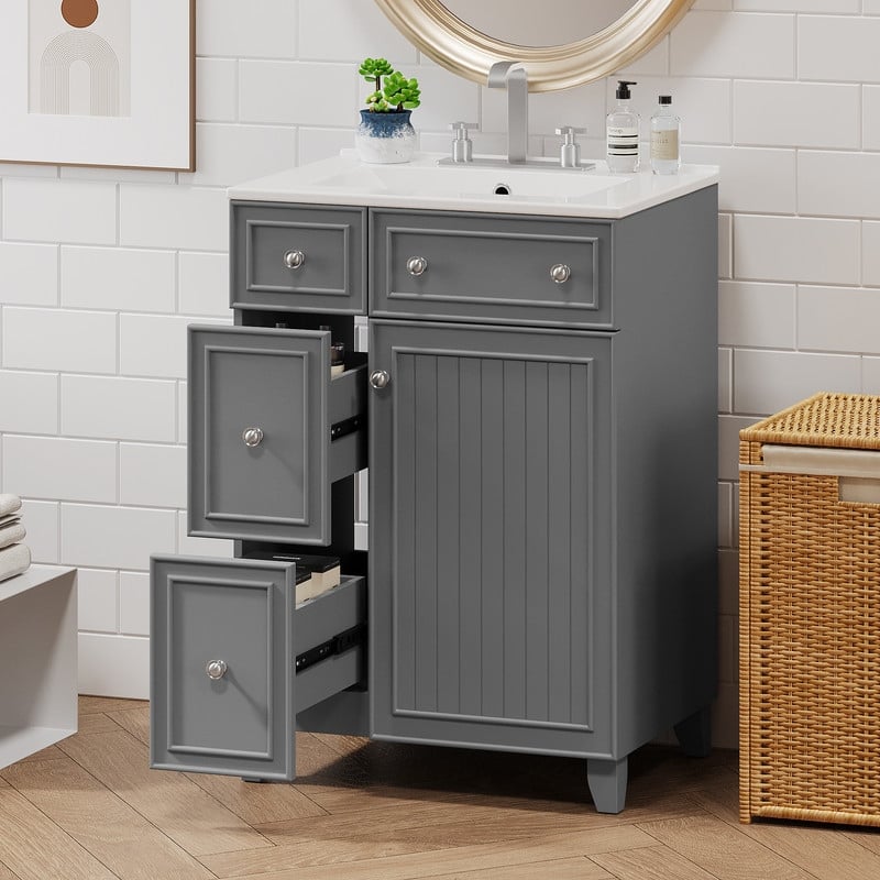 24" Green Bathroom Vanity Cabinet with Ceramic Sink, 2 Drawers, 1 Soft-Close Door - Grey