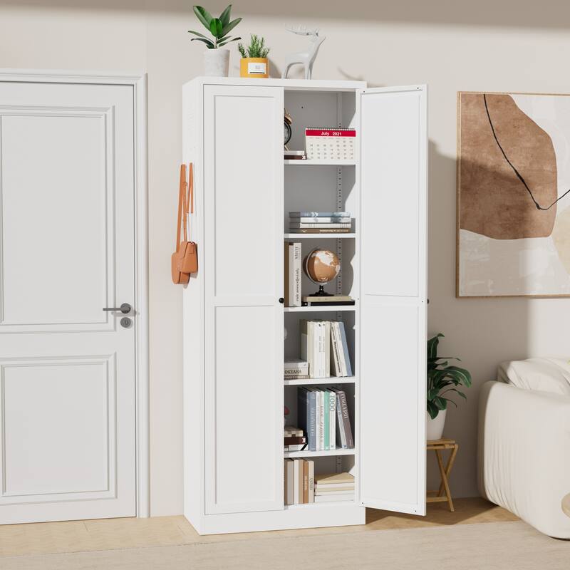72" White Metal Kitchen Pantry Cabinet with Doors, Heavy-Duty Freestanding Storage Organizer with 5 Adjustable Shelves