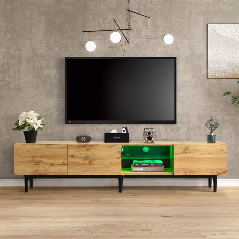 LED Light TV Stand for 80" TVs, Modern Entertainment Center with 4 Cabinets & Open Shelves, Drop Down Door