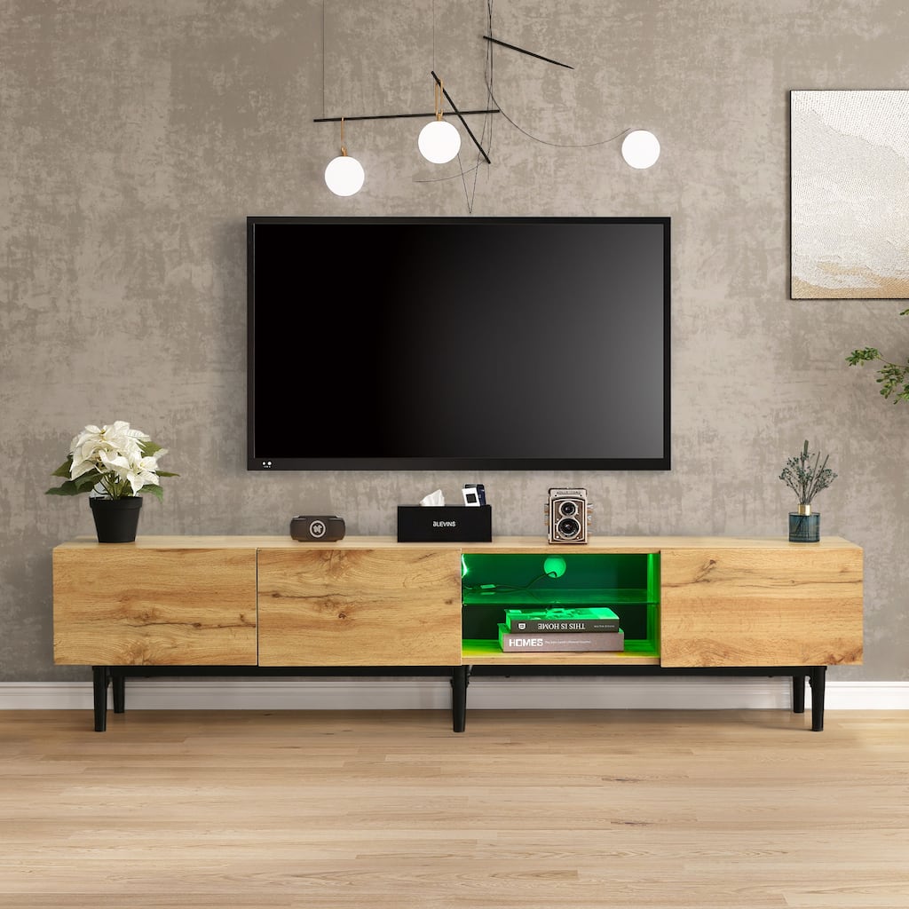 Modern LED TV Stand for TVs Up to 80" With 4 Cabinets and Open Shelving for Living Rooms and Bedrooms