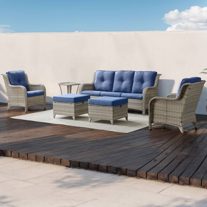 Gymojoy Outdoor Sofa Chair Ottoman Seating with Cushions Weather-resistance - Light Grey - Blue