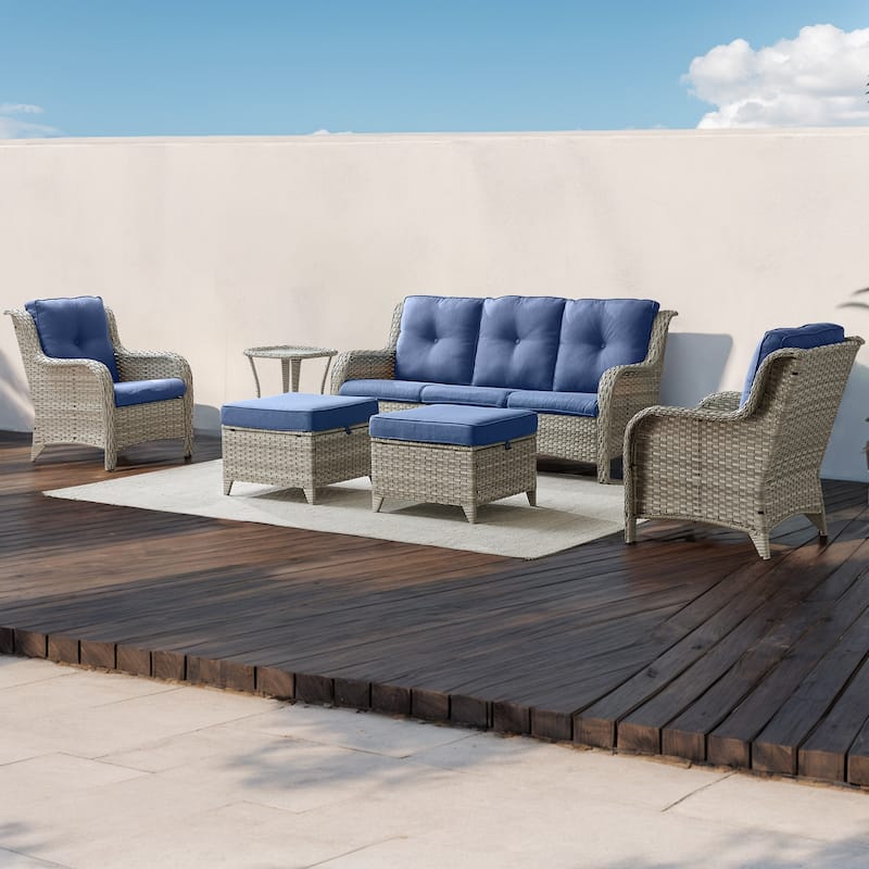 Gymojoy Outdoor Sofa Chair Ottoman Seating with Cushions - Light Grey - Blue