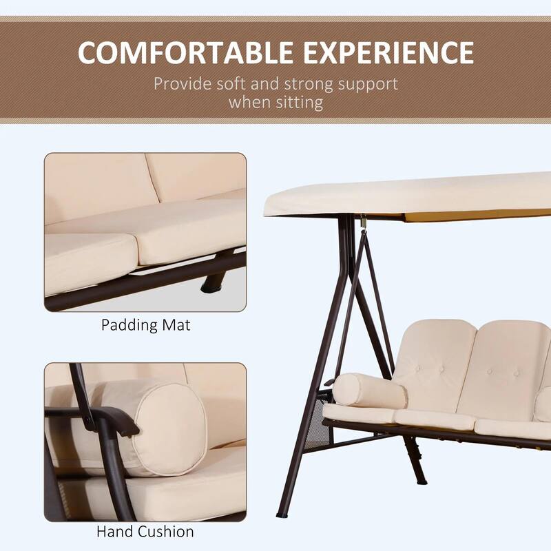 3-Seat Patio Swing Chair, Adjustable Canopy, Side Trays, Comfort Set