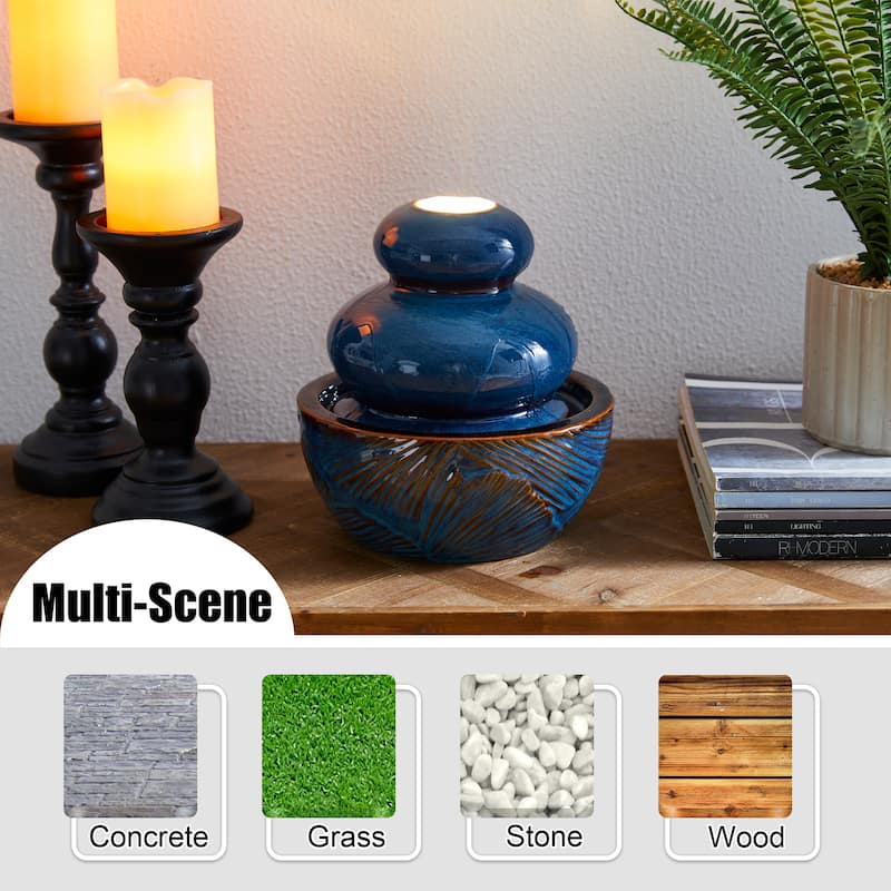 Glitzhome 8.75"H Ceramic Leaf Textured Tabletop Water Fountain with LED Lights
