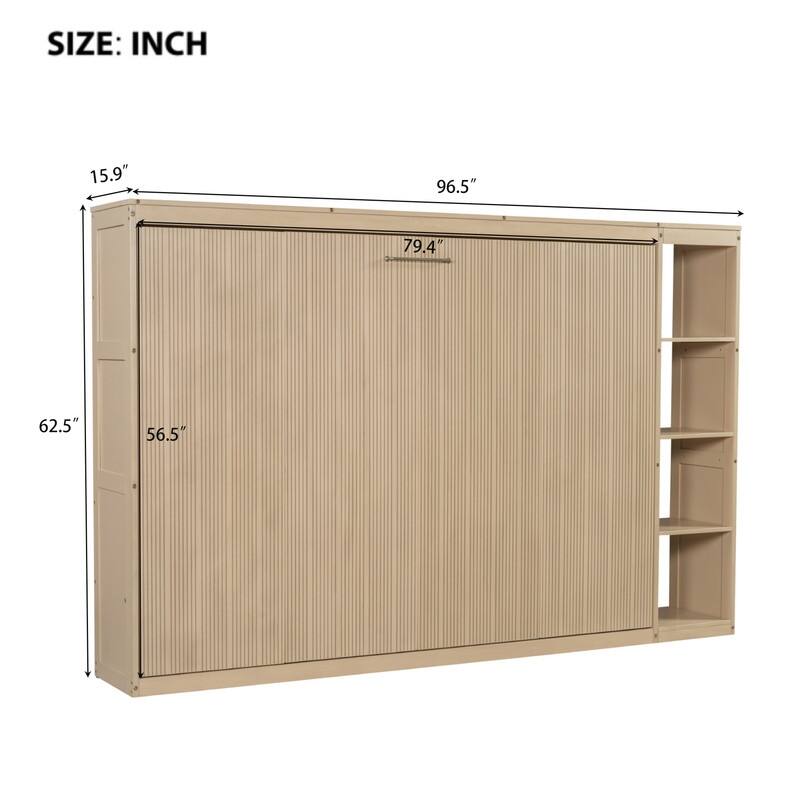 Full Size Murphy Bed with Bookshelf, Foldable Bed Frame with Storage Shelves, Wooden Cabinet Bed with Handle