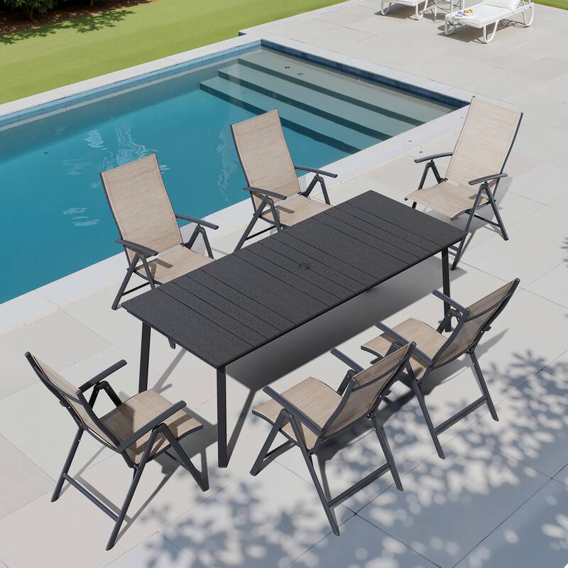 7PC Outdoor Patio Dining Set With Umbrella Hole Table Adjustable Folding Chairs - N/A