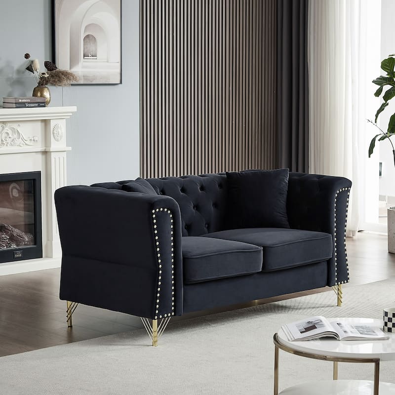 60.2"Chesterfield Sofa Velvet for Living Room,2 Seater Sofa Tufted Couch with Metal Foot and Nailhead for Living Room, Bedroom