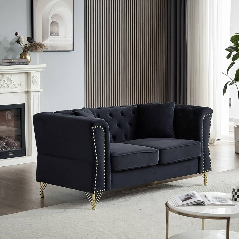 Black 60.2'' Velvet 2-Seater Sofa with Metal Feet, Nailhead Trim, and Foam Padding