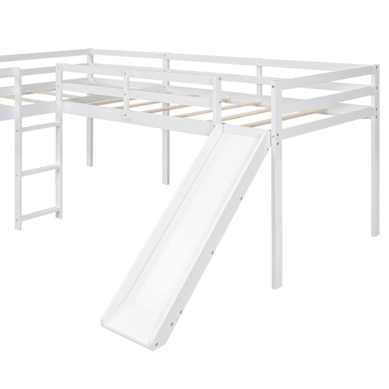 Twin Size Loft Bed with Ladder, Slide Full-Length Guardrail for Kids L-Shaped Bedframe Wood Slat Support & No Box Spring Needed