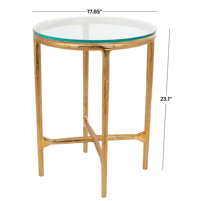 Gold or Silver Aluminum Metal Textured Accent Table with Glass Tabletop