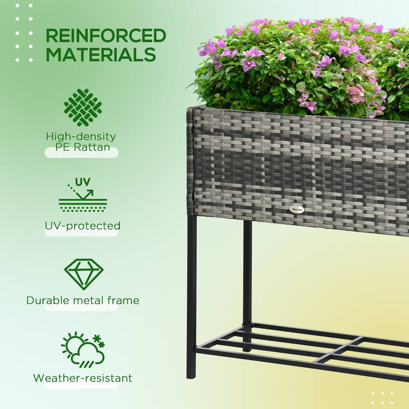 Outsunny Elevated Metal Raised Garden Bed with Rattan Wicker Look, Underneath Tool Storage Rack