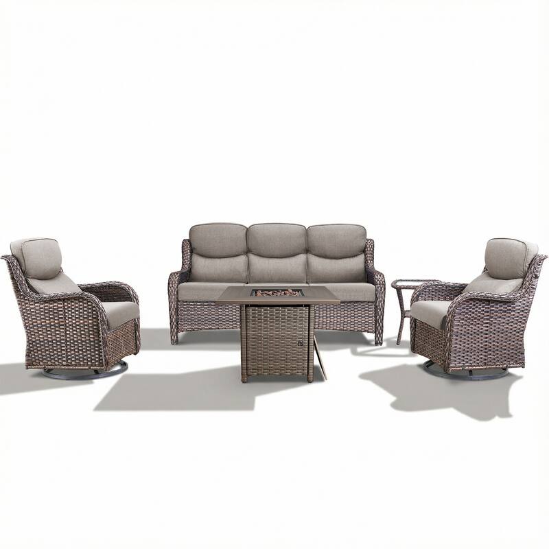 Pocassy Outdoor Propane Fire Table with Sofa Swivel Chair Table Funiture Set.