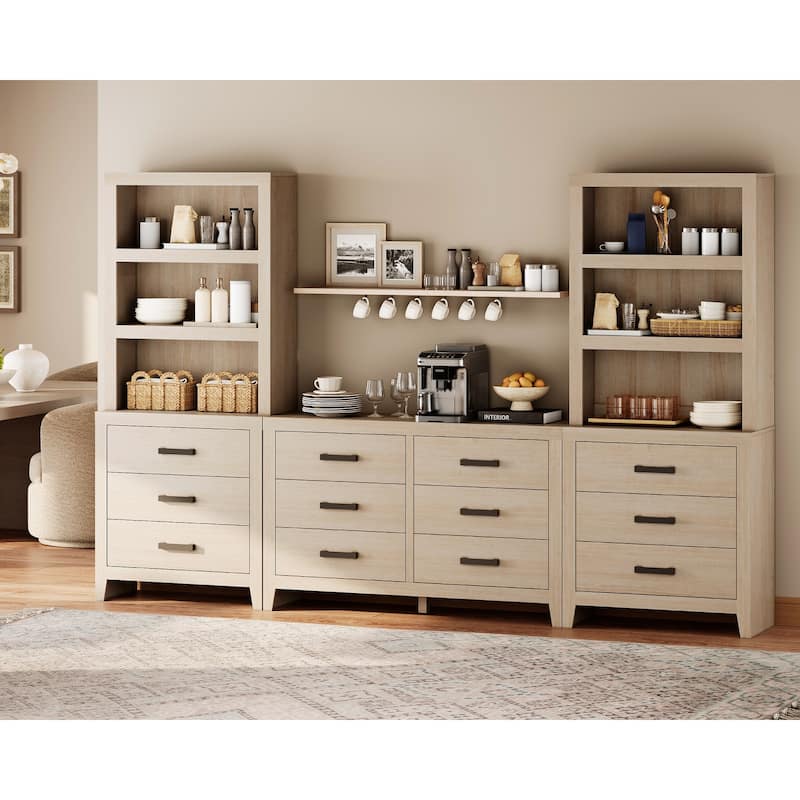 WAMPAT Farmhouse Entertainment Center with Bookshelves, Media Console with Glass Doors & 6 Storage Drawers