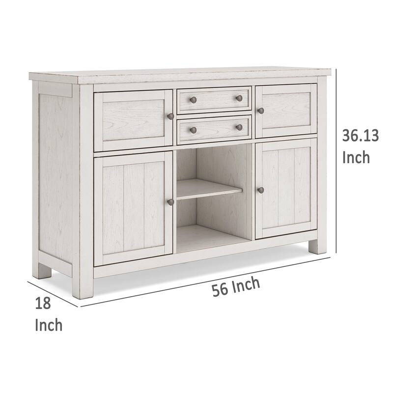 Fleur Dining Room Server with 4 Cabinets, Antique White Wood, 56 Inch