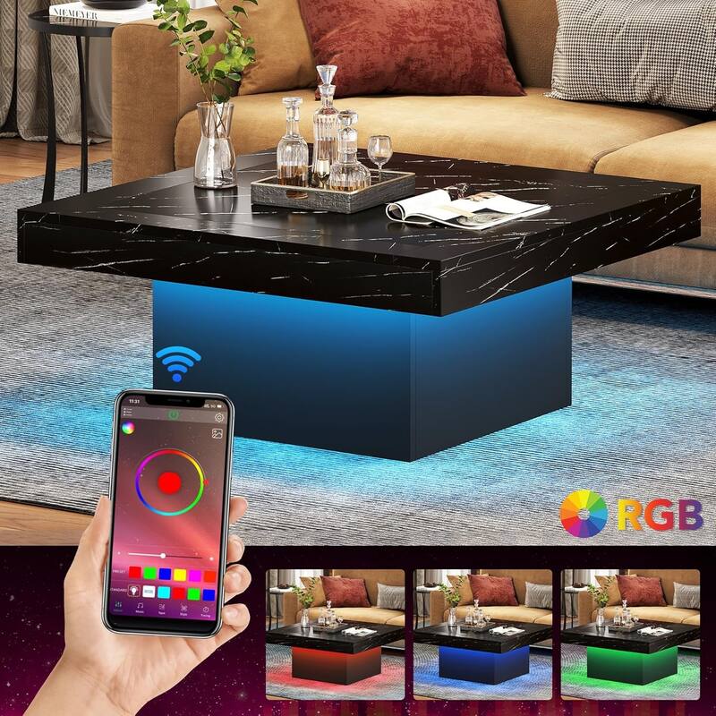 Modern Square LED Coffee Table, Low Center Table with Built-In Light for Living Room