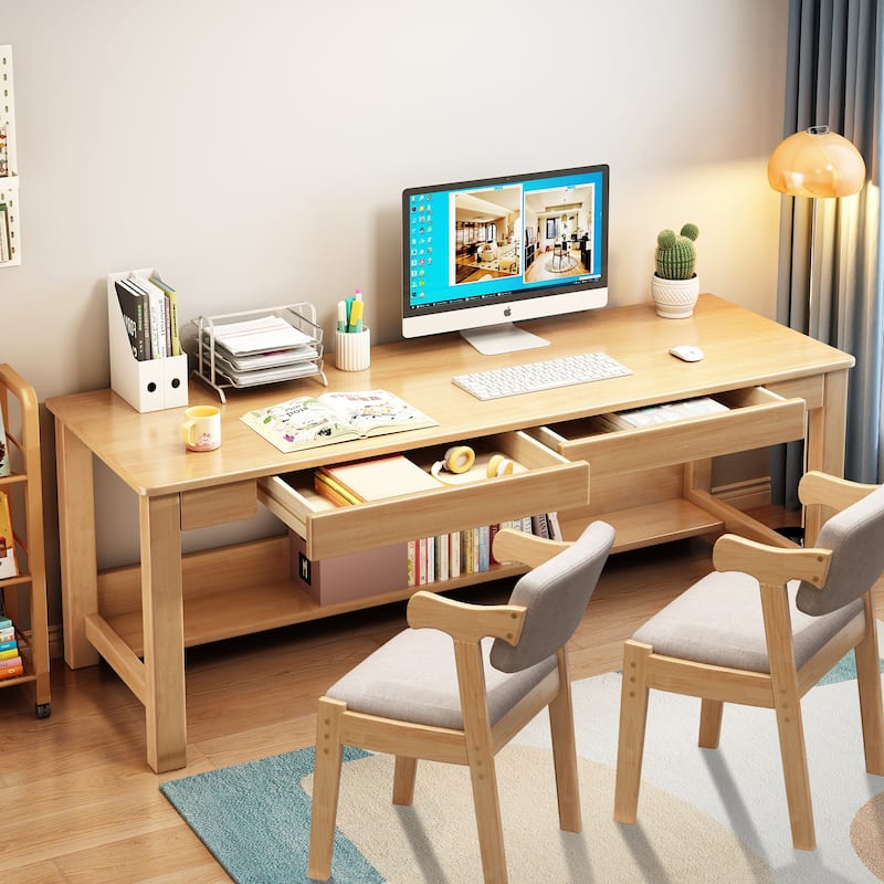 Wooden Desk and Chair Set, Extra Long Computer Desk 2 Person Desk, Double Office Desk - 63" - Natural
