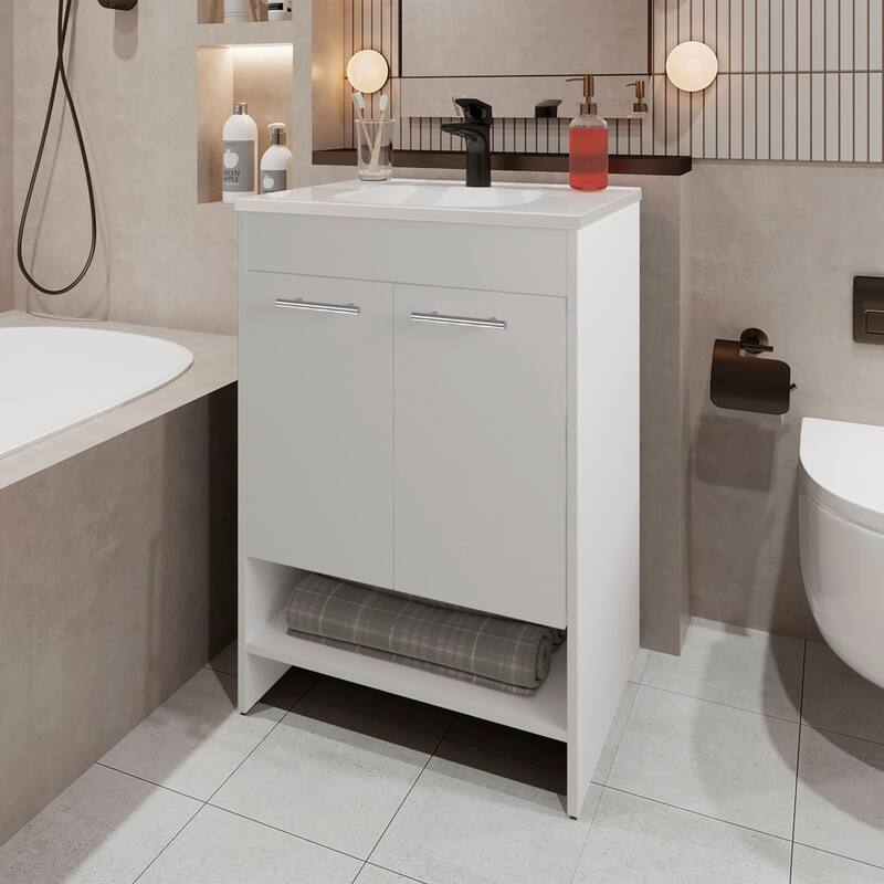 Shell Bathroom Vanity with 2 Doors and Open Storage - White
