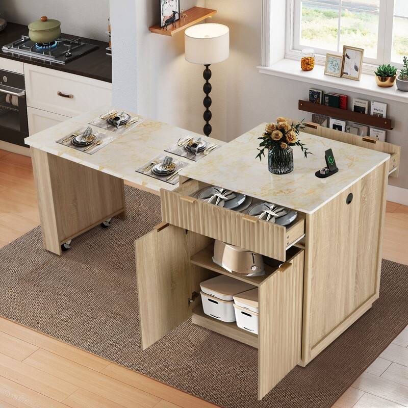 82.6" Fluted Kitchen Island with Extendable Dining Table and Power Outlet for Modern Kitchen Spaces