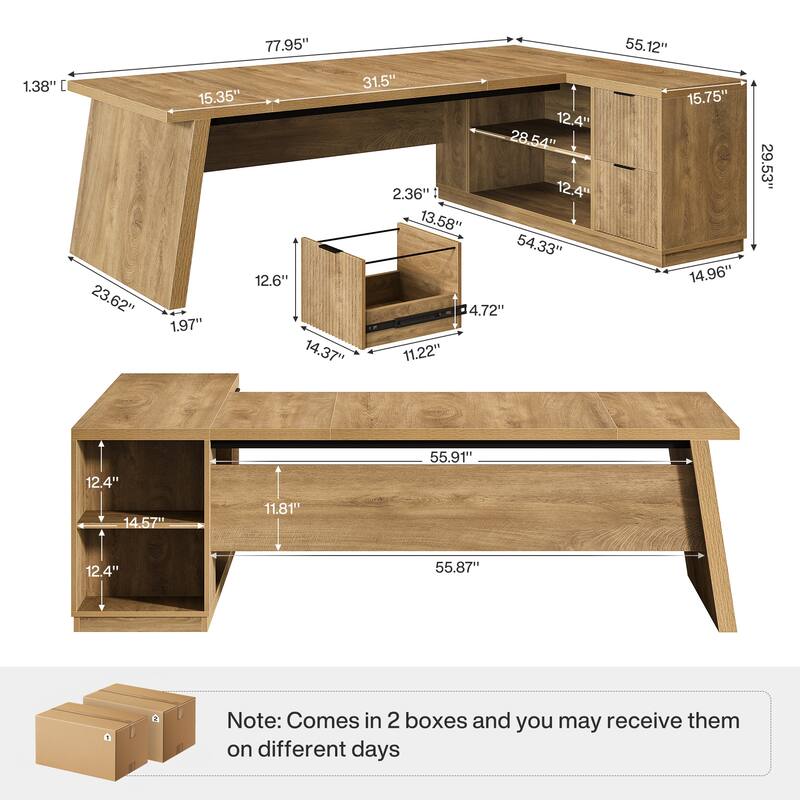 78" L-Shaped Executive Desk with File Cabinet & Shelves, Home Office