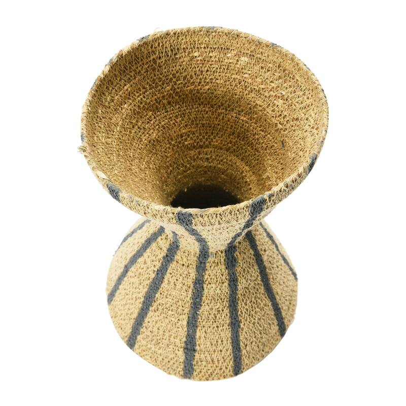 Hand-Woven Seagrass Hour Glass Shape Vase with Stripes, Natural & Black