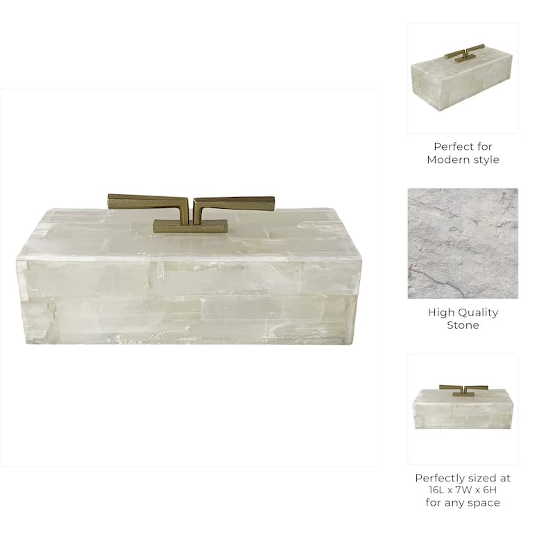 Stone Selenite Decorative Organizer Box Texture with Lid - 6" White - 16" x 7" x 6"
