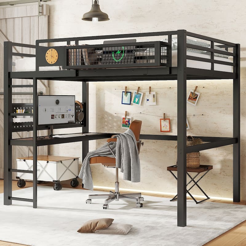Metal Loft Bed with Desk & Storage Basket, Includes Alarm Clock & Charging Port, Queen/Full/Twin XL