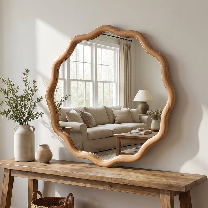 24 inch Wavy Round Solid Wood Frame Decorative Mirror,For Bedroom, Bathroom, Living Room, Entryway