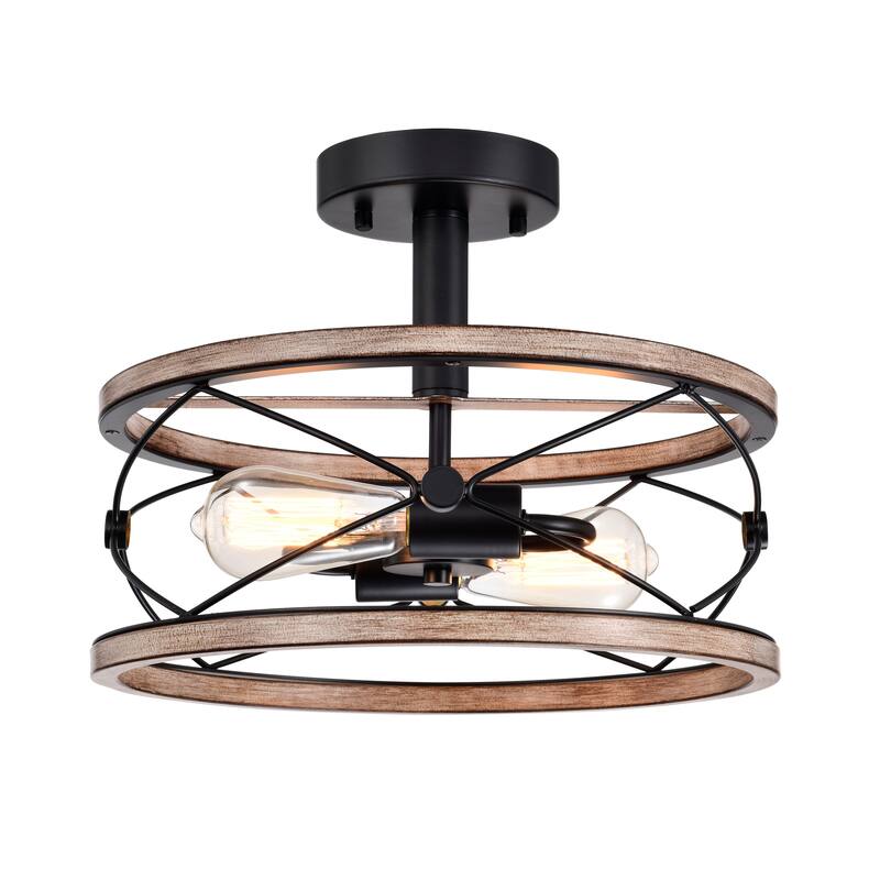 Vesta Semi Flush Mount Ceiling Light Matte Black with Wood Grain Finish 2-Light - N/A